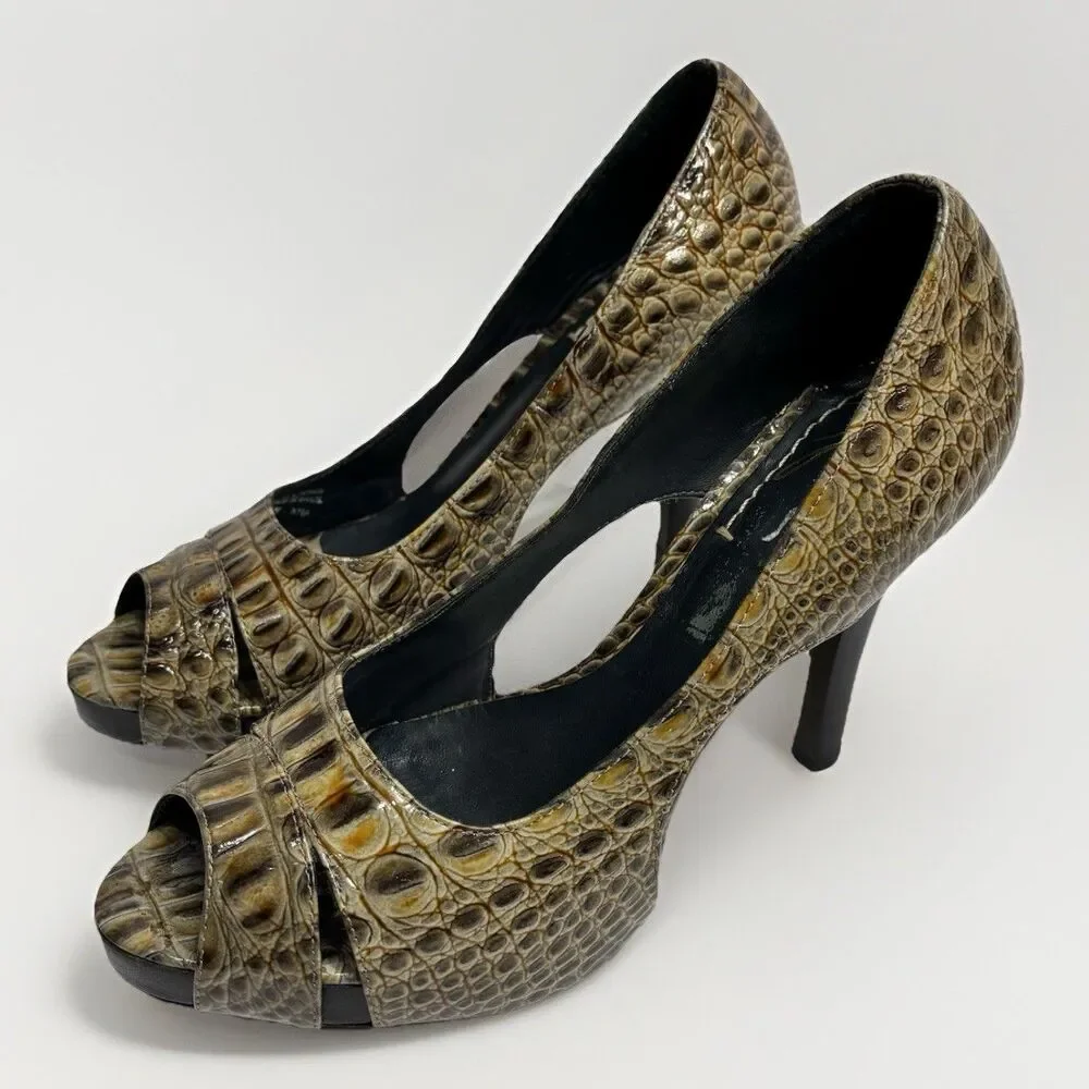 J Vincent Croc Embossed Leather Peep Toe High Heel Pumps Brown 8.5M Brazil